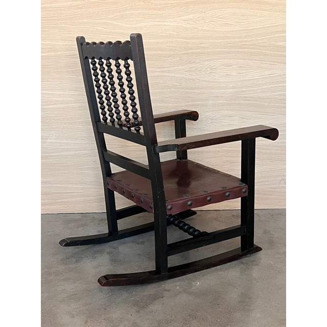 Brown 19th Century Spanish Pair of Rocking Carved Armchairs With Leather Seat & Back For Sale - Image 8 of 12