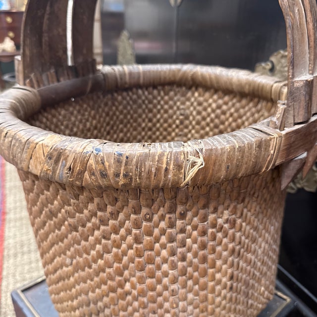 Chinese Antique Chinese Woven Bent Handled Fishing Basket For Sale - Image 3 of 9