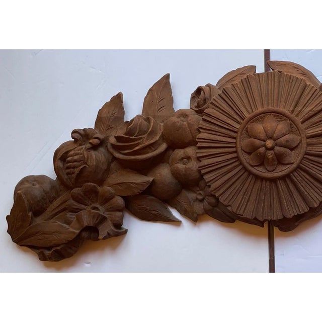 Rustic Large Antique Carved Oak Sunburst Rose and Pomegranate Pediment - For Sale - Image 3 of 8