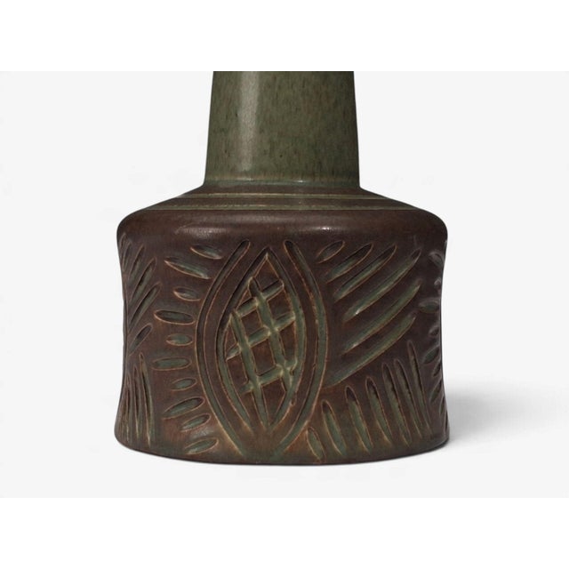 1960s Mid-Century Modern Pm Keramik, Tall Table Lamp, Green and Brown Carved Ceramic For Sale - Image 10 of 11