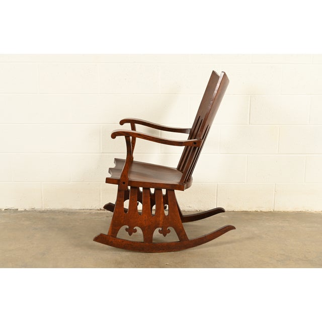 J. Dieudonné Antique Belgian Mission Oak Arts & Crafts Rocking Chair, Circa 1910 For Sale - Image 11 of 14