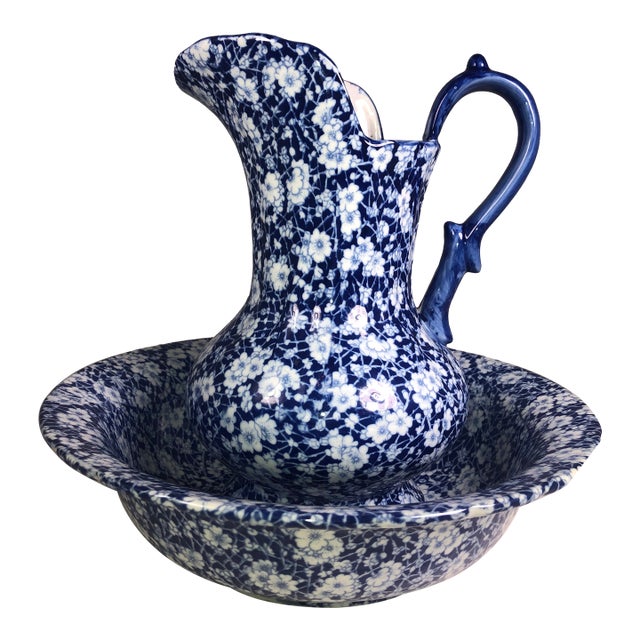Vintage Victorian Pitcher and Wash Basin Blue and White Flowers Ironstone Set For Sale