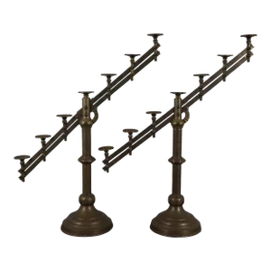 Late 19th Century Antique Church Altar 7 Light Adjustable Candelabras Candle Holders Pair
