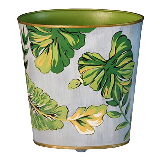 Matthew Izzo Home Wastebasket - Oval Tole Metal With Hand Painted Leaf Design and Gold Leaf Trim For Sale
