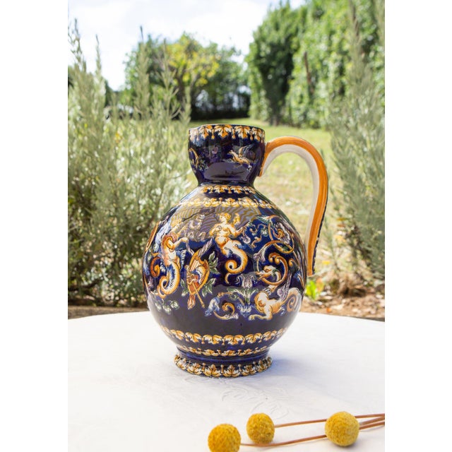 Blue Faience Thibault Jug with Figures and Putti from Gien, France, 1960s For Sale - Image 8 of 9