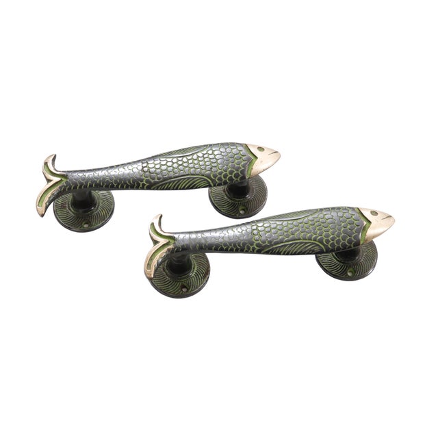 Rustic Green Brass Fish Handles, a Pair For Sale - Image 3 of 6