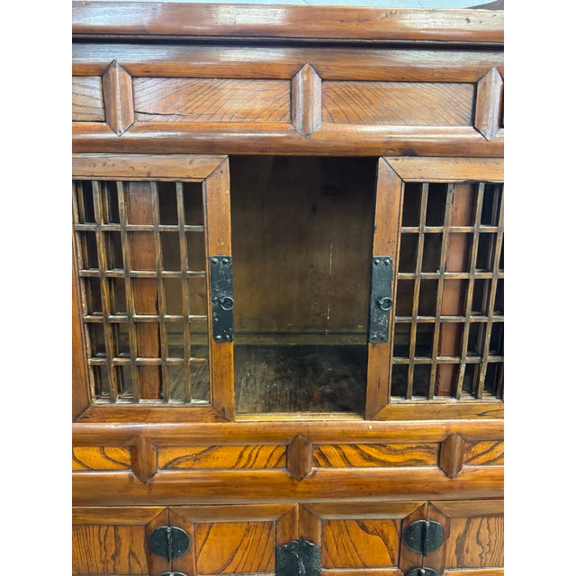 Brown Vintage Korean-Style Wooden Storage Tansu Cabinet With Lattice Doors & Iron Hardware For Sale - Image 8 of 12