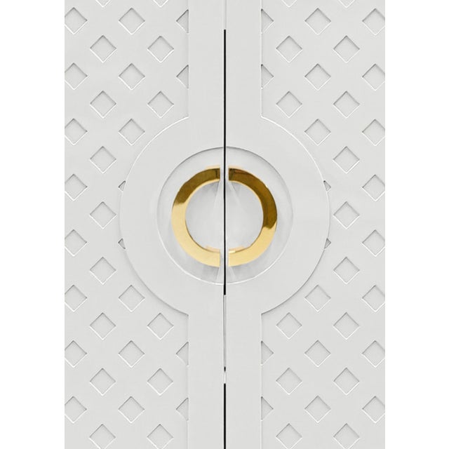 2020s Matthew Izzo Home White Lacquer Two Door Cabinet With Lattice Design and Brass Door Pulls For Sale - Image 5 of 5