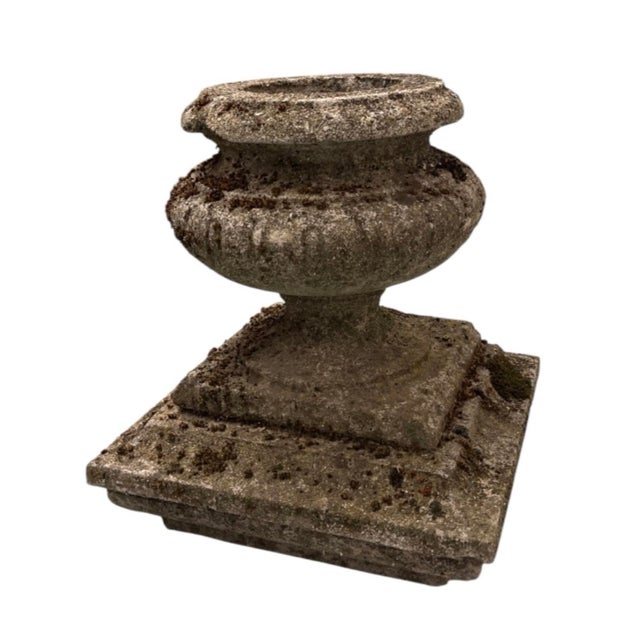 Vintage Weathered Cast Stone Garden Urn Planter on Stepped Square Pedestal Base For Sale - Image 4 of 12