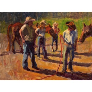 Morning Riders by Ken Valastro | Oil Painting of cowboys with horses in a rural setting For Sale
