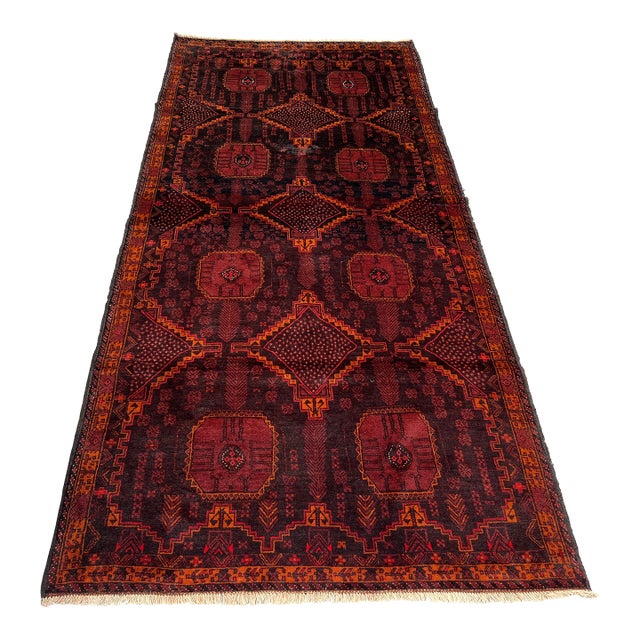 Vintage Afghan Baluchi Hand-Knotted Wool Runner | Tribal Geometric Hallway Rug For Sale