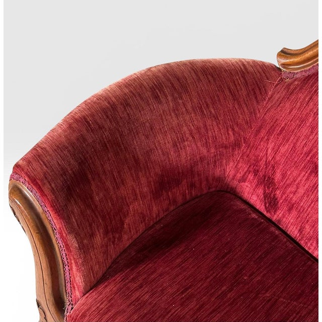 Antique Victorian Carved Walnut Triple Back Cranberry Velvet Settee For Sale - Image 11 of 18
