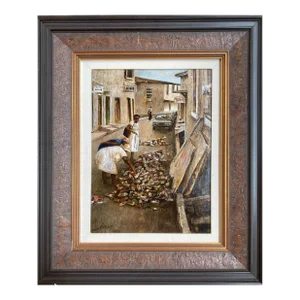 "Shoes" - Late 20th Century City Figure Painting by Donny Finley, Framed