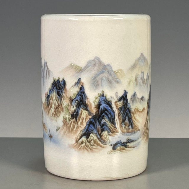 Ceramic Famille Rose Crackle Glaze Porcelain Brush Pot With Landscape Scene For Sale - Image 7 of 9
