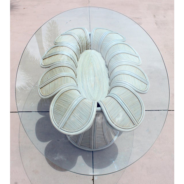 Ivory Vintage Hollywood Regency Style Flower Pencil Reed Rattan Pedestal Dining Table With Oval Glass Top For Sale - Image 8 of 18