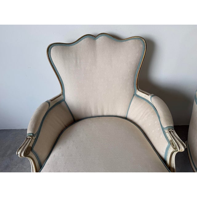 Pair of Vintage Hollywood Regency French Louis XV-Style Painted & Gilt Bergère Lounge Armchairs For Sale - Image 10 of 12