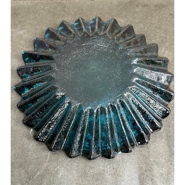 Blenko Blenko Wayne Husted Ribbed Glass Ashtray 6112 S Persian Turquoise Blue 10 1/2" For Sale - Image 4 of 7