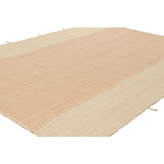 Rug & Kilim Rug & Kilim’s Contemporary Kilim With Textural Beige and Pink Stripes For Sale - Image 4 of 7