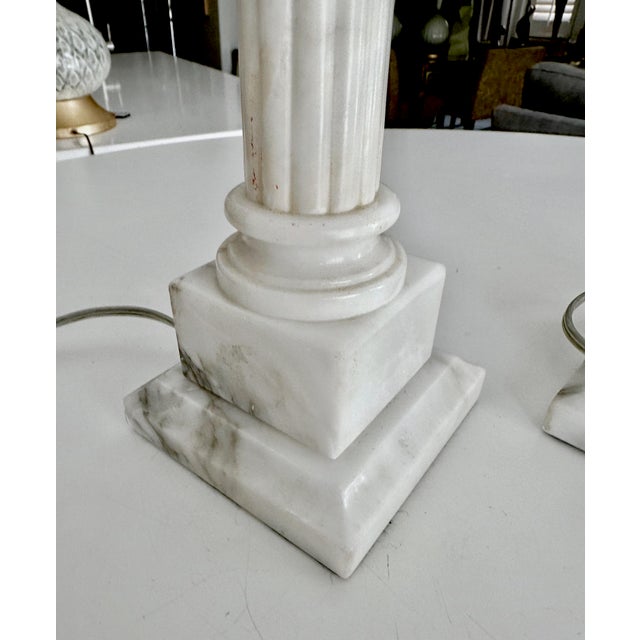 Pair Diminutive Column Neoclassic Alabaster Table Lamps For Sale - Image 12 of 14