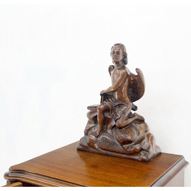 French Provincial Petit Heavily Carved Walnut Cherubs Rope Edge Two Piece Console Table Shelf MINT For Sale - Image 3 of 18