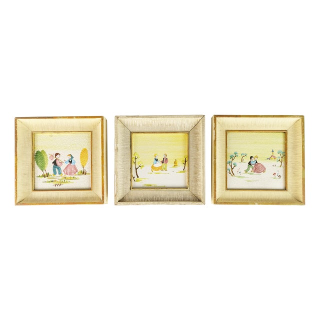 Italian Wall Decorative Ceramic Tiles with Wooden Frame by Lina Poggi Assalini for Ce. As., 1950s, Set of 3 For Sale