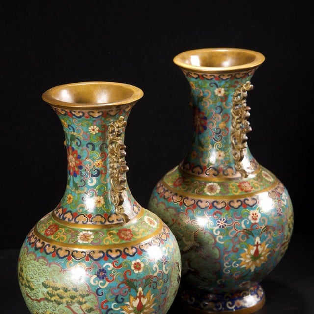 Pair of Monumental Chinese Cloisonné "Crane & Pine" Vases With Gilt Dragon Handles - 7.5kg For Sale - Image 9 of 9
