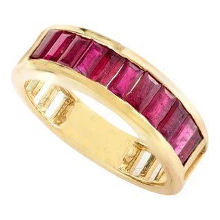 Baguette Cut Natural Ruby Engagement Band Ring in 18k Solid Yellow Gold Size 8.5 For Sale