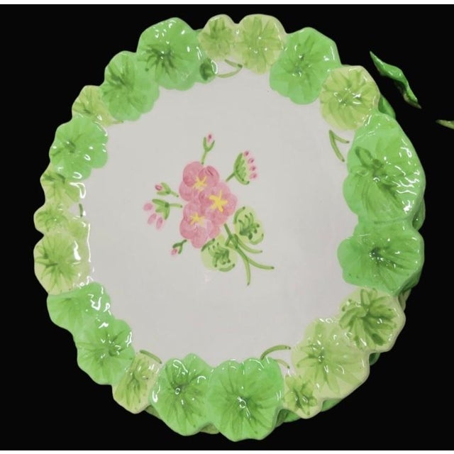 Vintage Portuguese Majolica Geranium Palm Beach Style Dinner Plates Green Leaf & Pink Floral Cabbage Ware Set- 10 For Sale - Image 16 of 16
