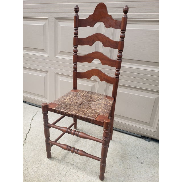 Brown 1960s Ladderback Dining Chair Rush Woven Seat For Sale - Image 8 of 11