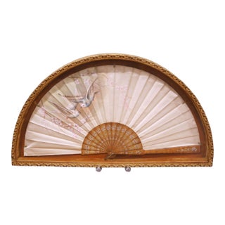 19th Century French Hand-Painted Silk Fan With Carved Wood Sticks in Frame For Sale