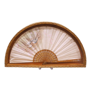 19th Century French Hand-Painted Silk Fan With Carved Wood Sticks in Frame