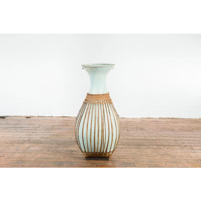 Large Vintage Chinese Woven Rattan Basket of Teal and Natural Color on Base For Sale - Image 9 of 13