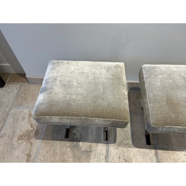 1970s Pair of Accent Stools, Ottomans in Chromed Steel & Velvet For Sale - Image 12 of 14