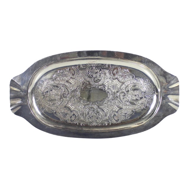 Small Vintage Silver Plated Oval Tray With Floral Detail, Vintage Plate, Trinket Dish, Embossed, Etched Engraved Patina Serving Dish For Sale