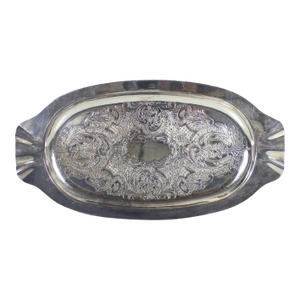 Small Vintage Silver Plated Oval Tray With Floral Detail, Vintage Plate, Trinket Dish, Embossed, Etched Engraved Patina Serving Dish