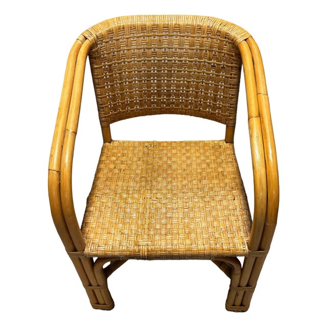 Mid-Century Modern Restored Modern 2-Strand Rattan Armchair Dining Chair W/ Wicker Seat, Set of 4 For Sale - Image 3 of 8