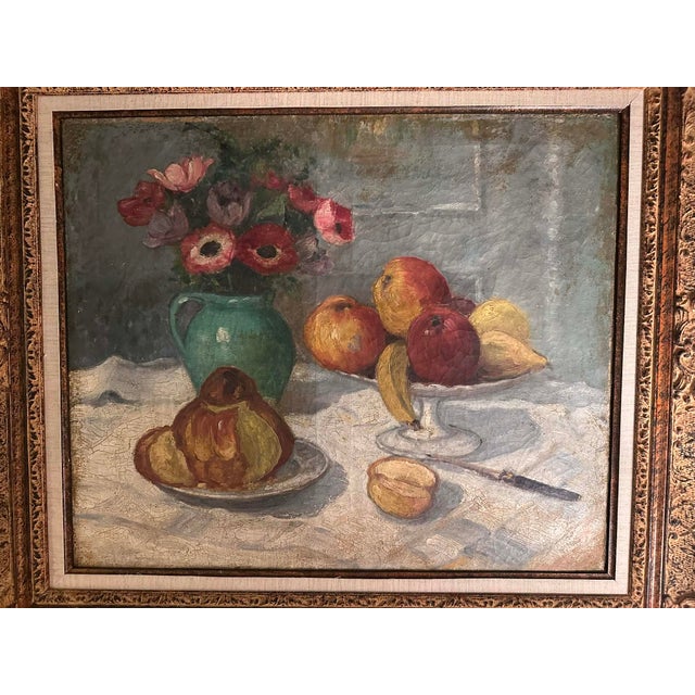 Antique French School Still Life Painting – Fruit & Flowers, Late 19th / Early 20th Century This charming still life...