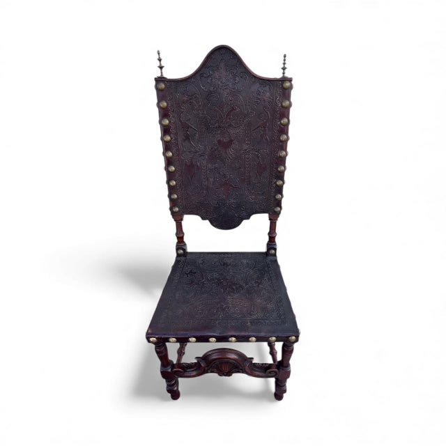Late 19th Century Six - 18th Century Portuguese Carved Walnut Chairs With Brass Finial Toppers and Brass Studs For Sale - Image 5 of 12