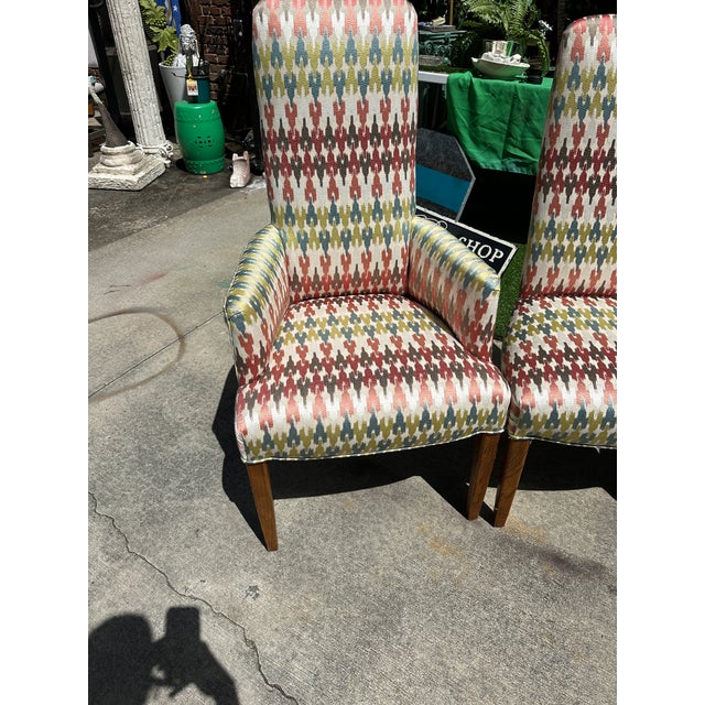 1970s Collection of Colorful Patterned Dining Chairs- Set of 6 With 2 Captains Chairs For Sale - Image 4 of 11