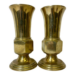 Vintage Pair of Heavy Brass Church Alter Vases With Hexagonal Bowls From England - Circa 1950’s For Sale