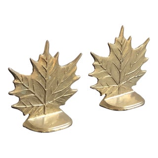 Mid-20th Century Solid Brass Maple Leaf Bookends — a Set For Sale