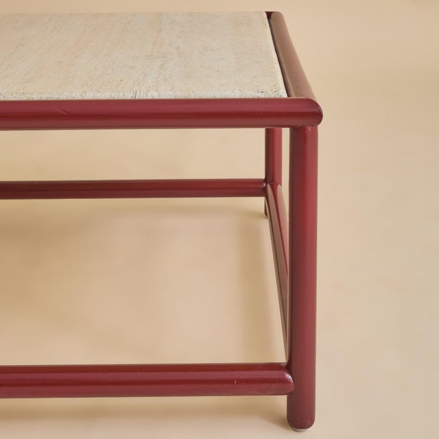 Italian Red Lacquered Wood + Travertine Coffee Table, 1970s For Sale In Chicago - Image 6 of 12