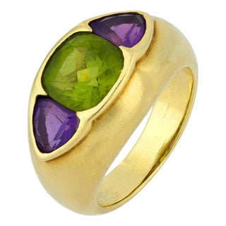 1980s David Yurman Peridot Amethyst 14k Yellow Gold Three Stone Ring, Size 6.25 For Sale