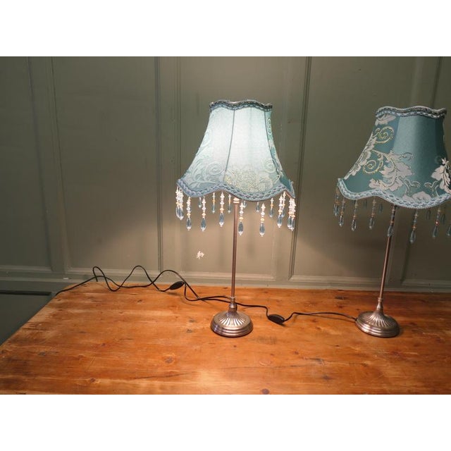 Textile Chrome Bedside Lamps with Beaded Embroidered Shades, 1980, Set of 2 For Sale - Image 7 of 8