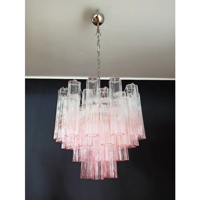 Murano Glass Tube Chandelier – 36 Glasses Transparent With Pink Shades Tube For Sale - Image 10 of 11