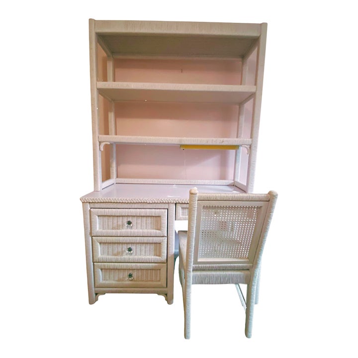 1980s Vintage Henry Link Wicker Desk With Detatchable Hutch and Chair