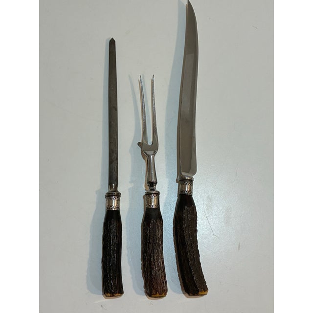 English Vintage Stag Antler Carving Set - English Sheffield W/ Sterling Silver Ferrules - 3 PCS For Sale - Image 3 of 11