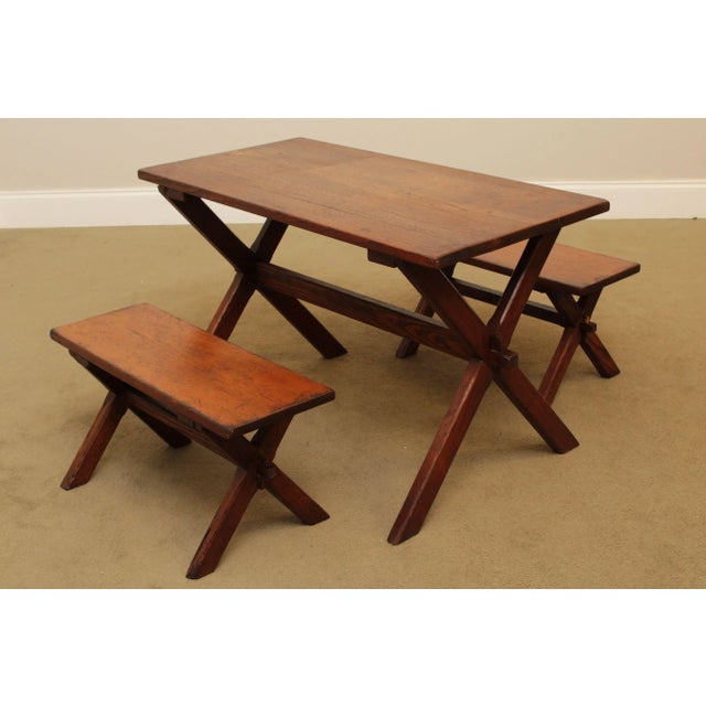 High Quality Early 20th Century Solid Oak X Base Table Along with a Pair of Benches, Child's Size