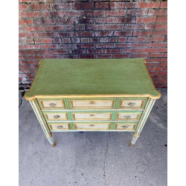 "The Grace" Vintage Swedish Gustavian Louis XVI Style Chest of Drawers - Three Drawer Piece in Soft Green and Cream - Newly Painted For Sale - Image 14 of 15