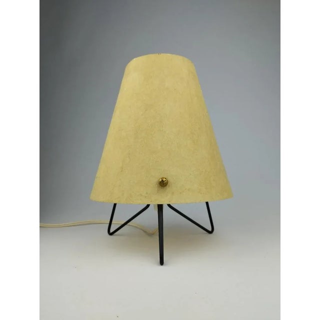 Rare minimalist table lamp from the 1950s with umbrella made of fiberglass and filigree metal frame. European Plug (up to...